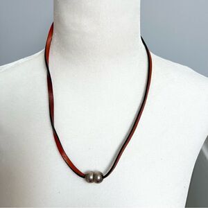 Signed leather(?) and stainless steel or sterling(?) bead funky necklace